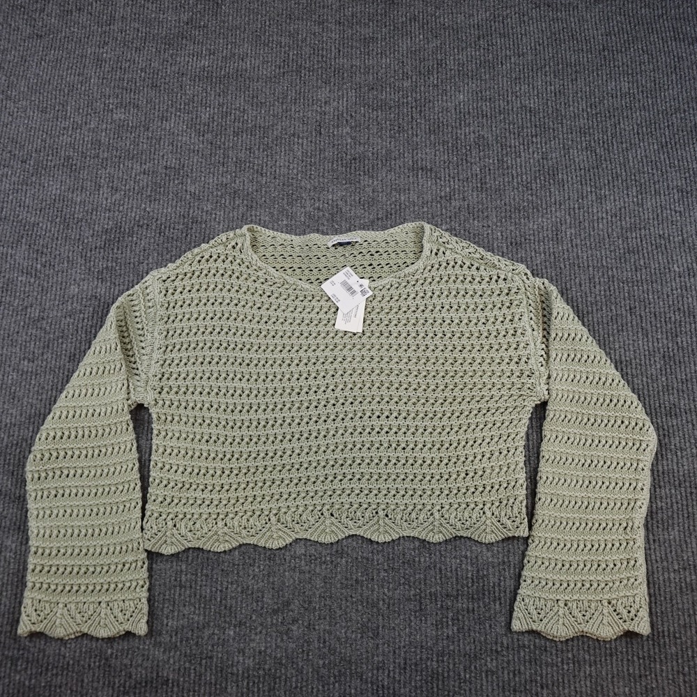 American Eagle Outfitters Sweater Womens Medium Green Open Knit Cropped Scallop
